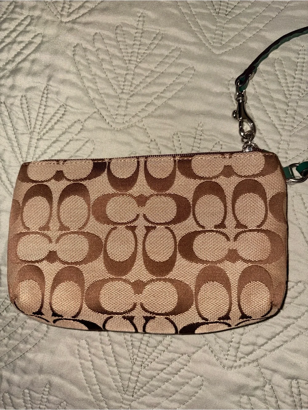 Coach Brown Signature Canvas Wristlet with Green Trim